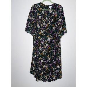 Old Navy Womens 3X Plus Faux Wrap Floral V-Neck Short Sleeve Rayon Dress Black